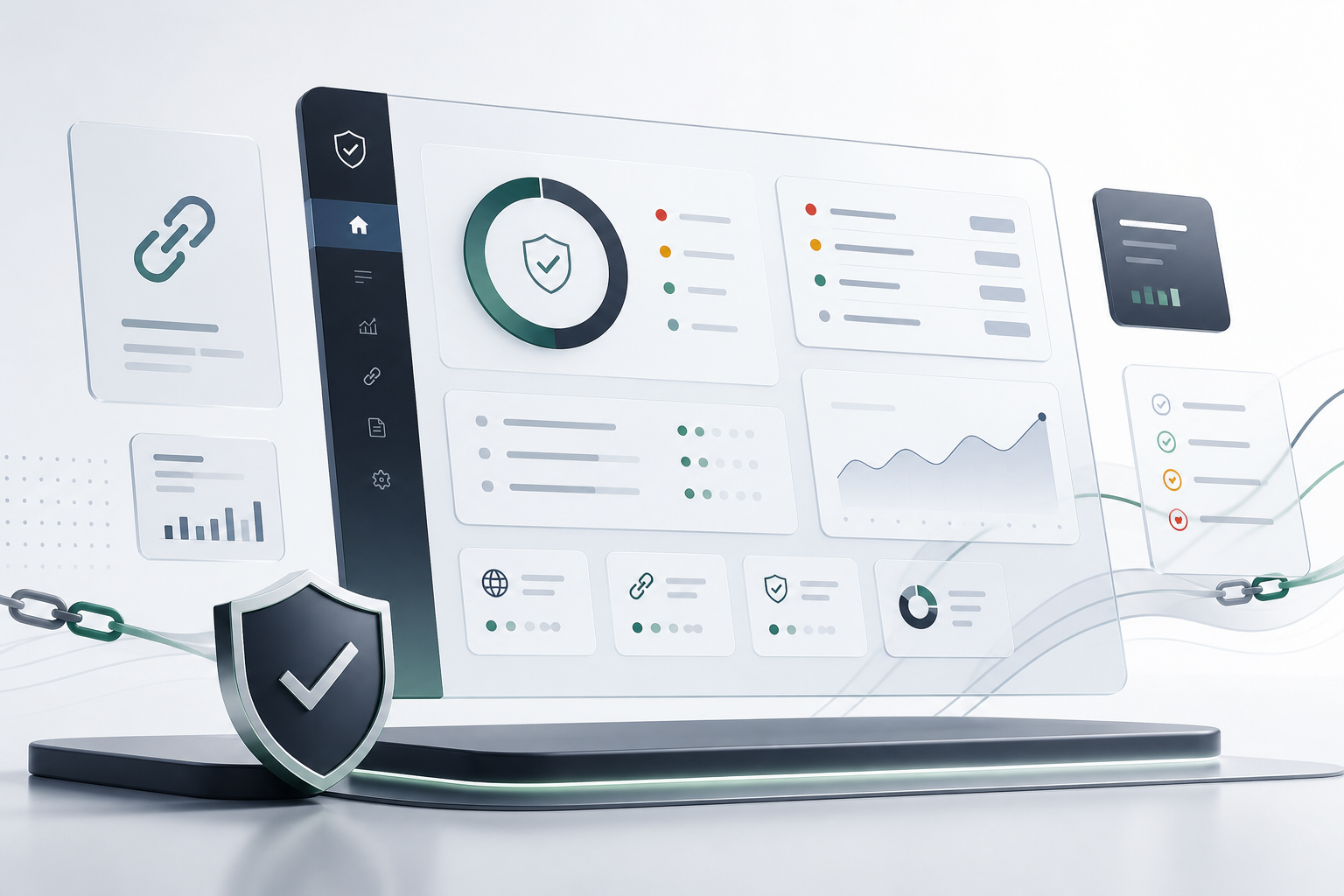 Abstract ScanTheLink evidence workspace with prism, link signals, and audit panels